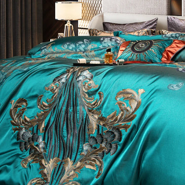 Gold Green Luxury European Palace Jacquard Duvet Cover, Egyptian Cotton 1200TC Bedding Set